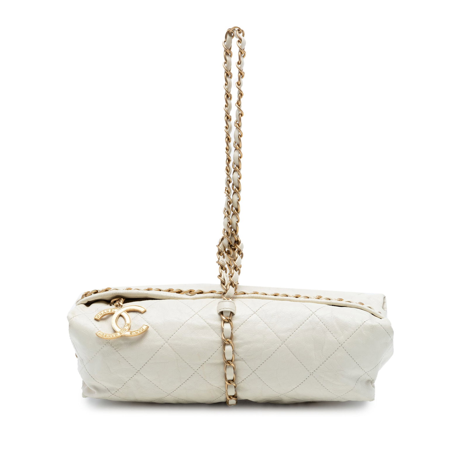 Chanel white quilted leather baluchon shoulder bag: Chanel white quilted leather baluchon shoulder bag This Chanel Quilted Calfskin Midnight Swim Baluchon Bag is crafted in white quilted leather and features a leather-woven chain shoulder strap, a top 