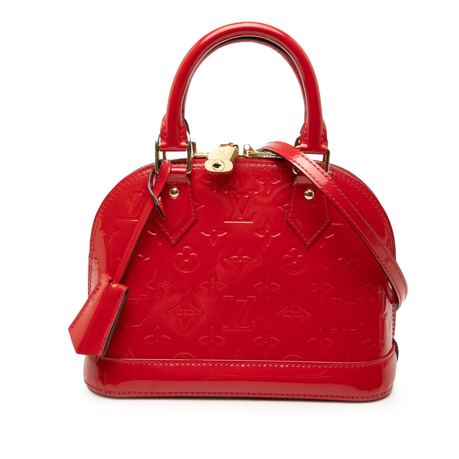 Louis Vuitton Alma BB Red Monogram Vernis Leather Crossbody Bag: Louis Vuitton Alma BB Red Monogram Vernis Leather Crossbody Bag This Louis Vuitton Monogram Vernis Alma BB handbag features a red monogram vernis leather body, a clochette, rolled leather handles, and