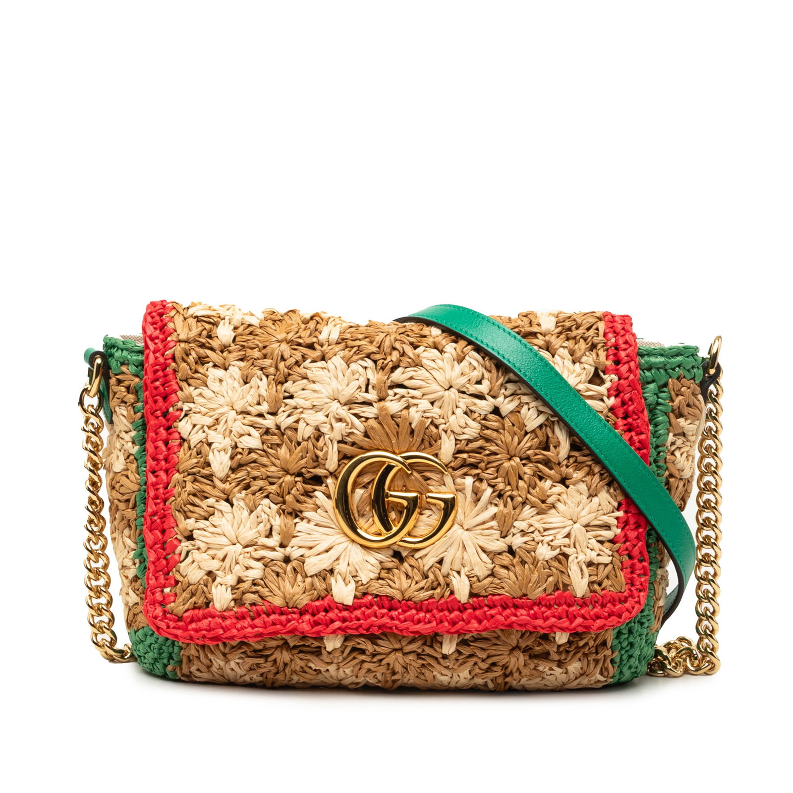 Gucci GG Marmont Small Raffia Crossbody Bag Beige: Gucci GG Marmont Small Raffia Crossbody Bag Beige Gucci Small GG Marmont Raffia Crossbody bag crafted with a woven raffia body and a chain strap with a leather shoulder guard. The design features a fr