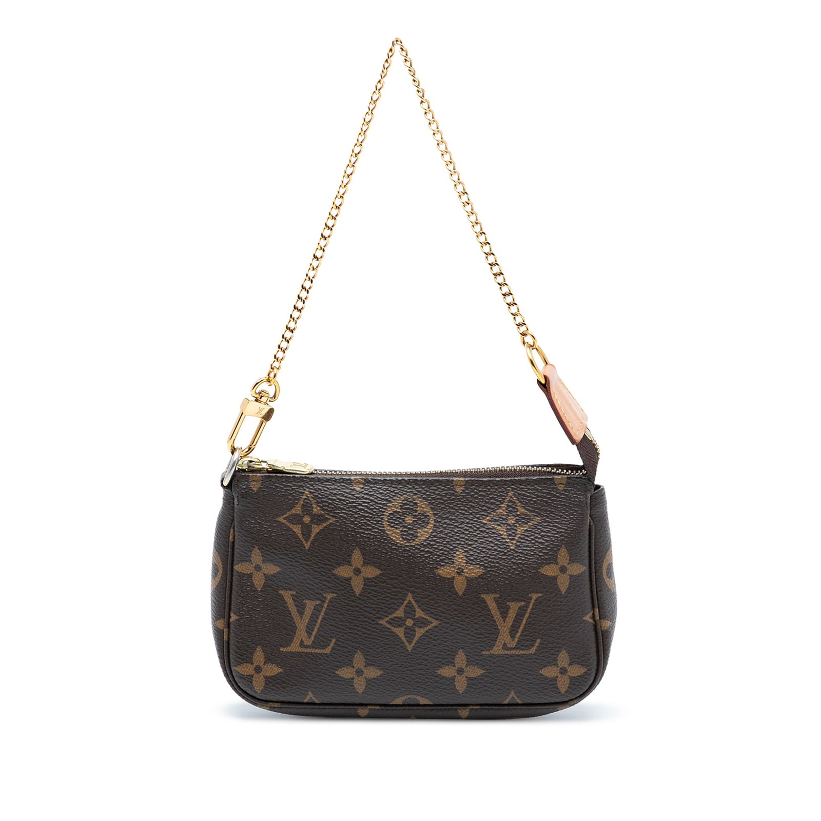 Louis Vuitton Mini Pochette Monogram Canvas Bag with Chain Strap: Louis Vuitton Mini Pochette Monogram Canvas Bag with Chain Strap This Louis Vuitton Mini Pochette Accessoires features the iconic monogram canvas, complemented by a gold-tone chain link strap and a se