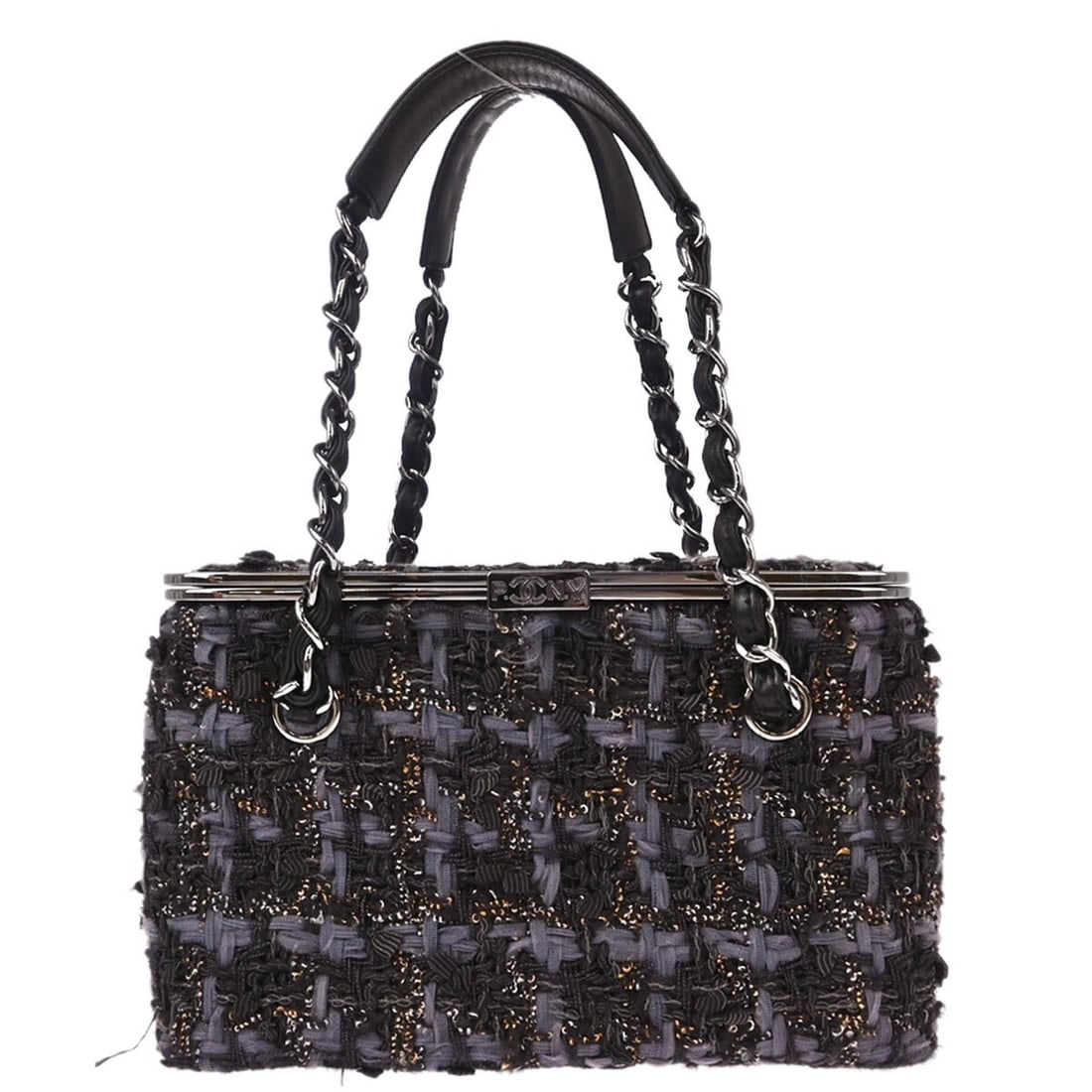CHANEL Vanity Handbag Gray Tweed Leather with Box: CHANEL Vanity Handbag Gray Tweed Leather with Box Chanel vanity handbag in gray and purple tweed and leather with double handles, logo accents, canvas lining, and three interior pockets. Made in Italy