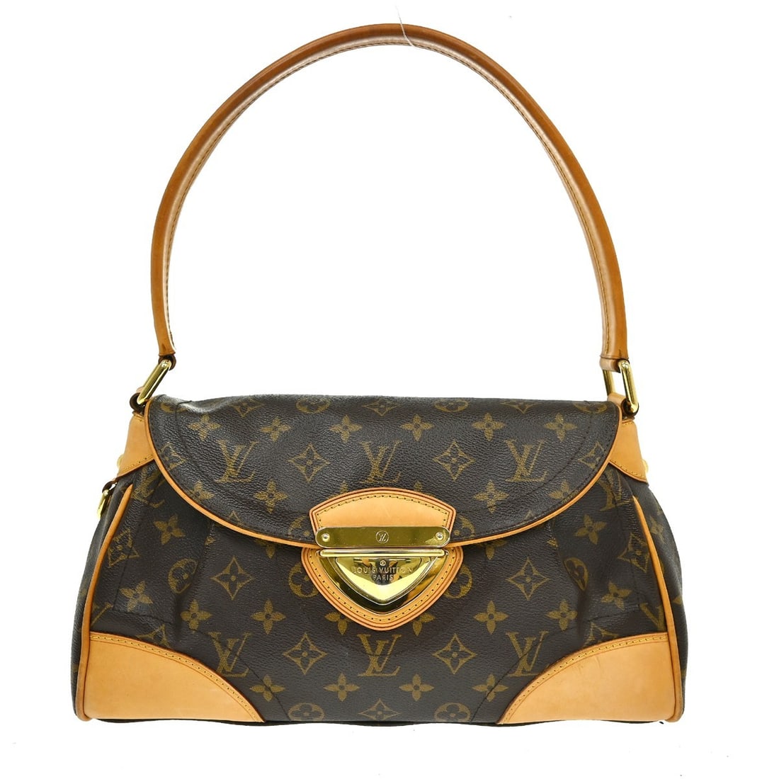 Louis Vuitton Beverly MM Brown Monogram Top Handle Bag M40121: Louis Vuitton Beverly MM Brown Monogram Top Handle Bag M40121 Louis Vuitton Beverly MM handbag in brown Monogram canvas with leather trim and a top handle design. This medium handbag features a clasp 