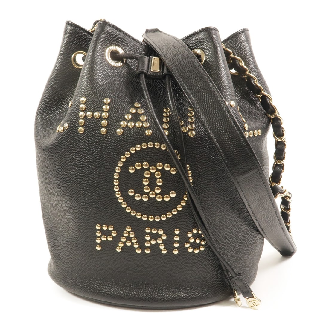 CHANEL AS1045 black calfskin bucket shoulder bag with chain: CHANEL AS1045 black calfskin bucket shoulder bag with chain CHANEL bucket chain shoulder bag in black calfskin leather with the CC design and shoulder chain strap. The bag features an inside zip pocke