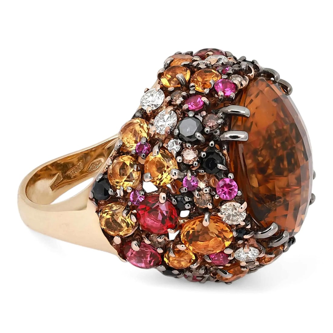 18k Rose Gold Ring with Diamonds Citrine and Sapphires by Roberto Coin Size 7: 18k Rose Gold Ring with Diamonds Citrine and Sapphires by Roberto Coin Size 7 This Roberto Coin cocktail ring is crafted in 18k rose gold and features a prong-set faceted citrine centerpiece, accented