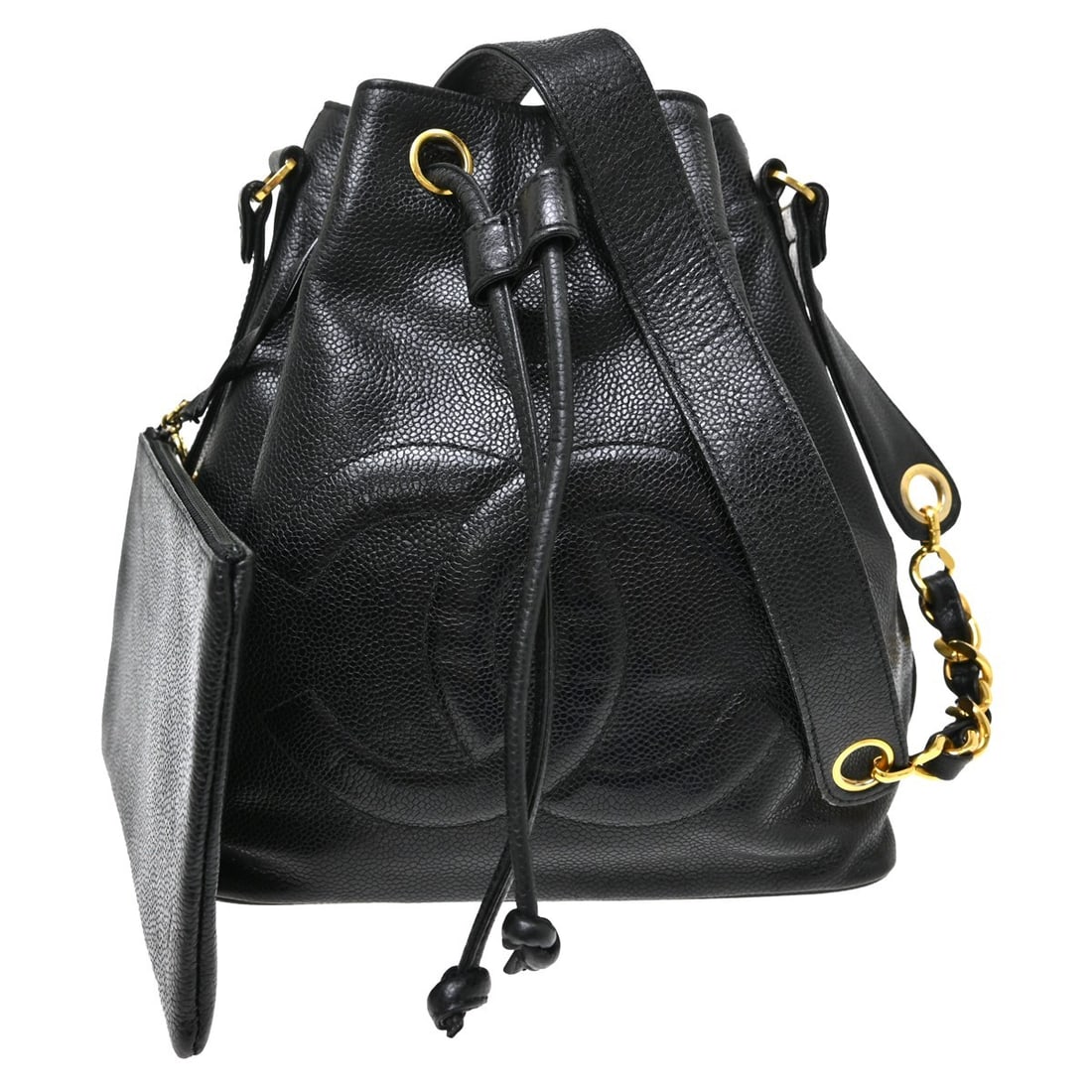 Chanel Vintage CC Chain Drawstring Leather Bag Black: Chanel Vintage CC Chain Drawstring Leather Bag Black Vintage Chanel CC drawstring chain bag crafted in black leather. This women's bag is made in Italy and is presented in good condition, with light s