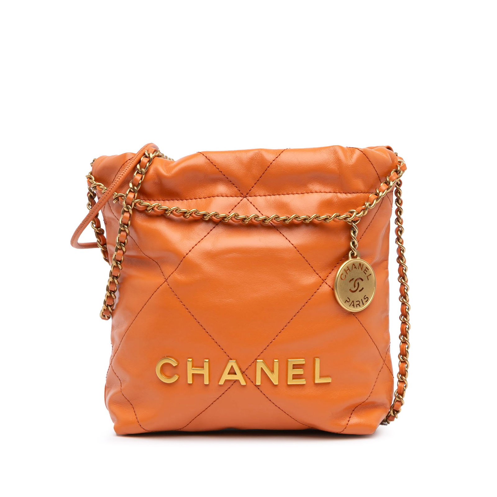 Chanel Mini 22 Handbag Orange Shiny Calfskin Leather Italy: Chanel Mini 22 Handbag Orange Shiny Calfskin Leather Italy Introducing the Chanel Mini Shiny Calfskin 22 Handbag, a stunning accessory that combines luxury and practicality. This exquisite handbag fea