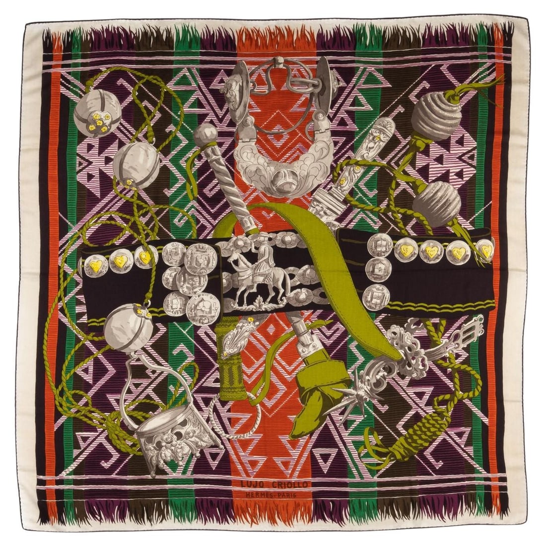 Hermes Lujo Criollo Cashmere Silk Shawl 53 in France: Hermes Lujo Criollo Cashmere Silk Shawl 53 in France This exquisite Hermes "Lujo Criollo" shawl is crafted from a luxurious cashmere and silk blend, offering both warmth and elegance. With a square de
