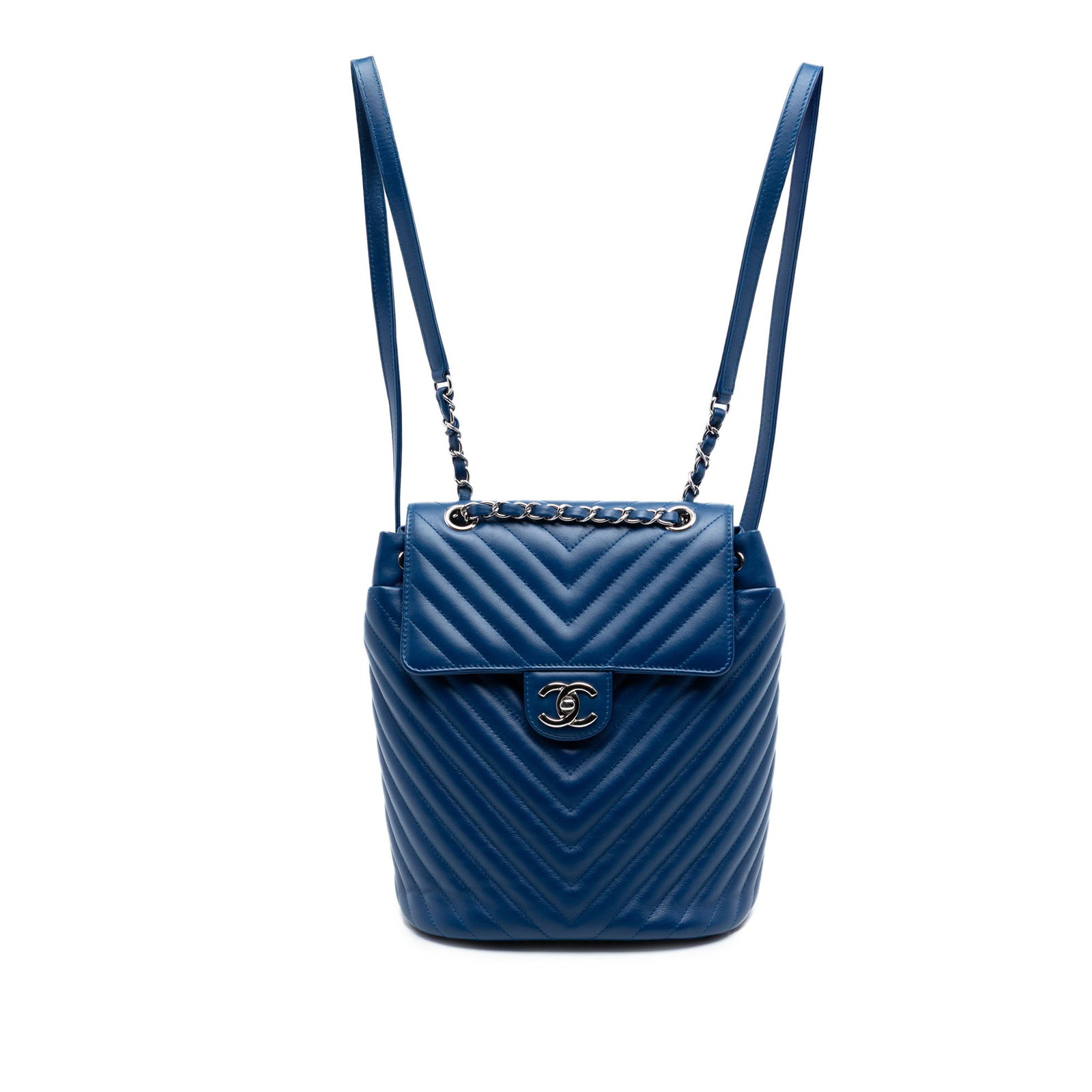 Chanel Urban Spirit blue calfskin backpack with CC twist lock: Chanel Urban Spirit blue calfskin backpack with CC twist lock This Chanel Small Chevron Calfskin Urban Spirit Backpack is crafted from quilted calf leather in a blue hue. It features a leather-woven c
