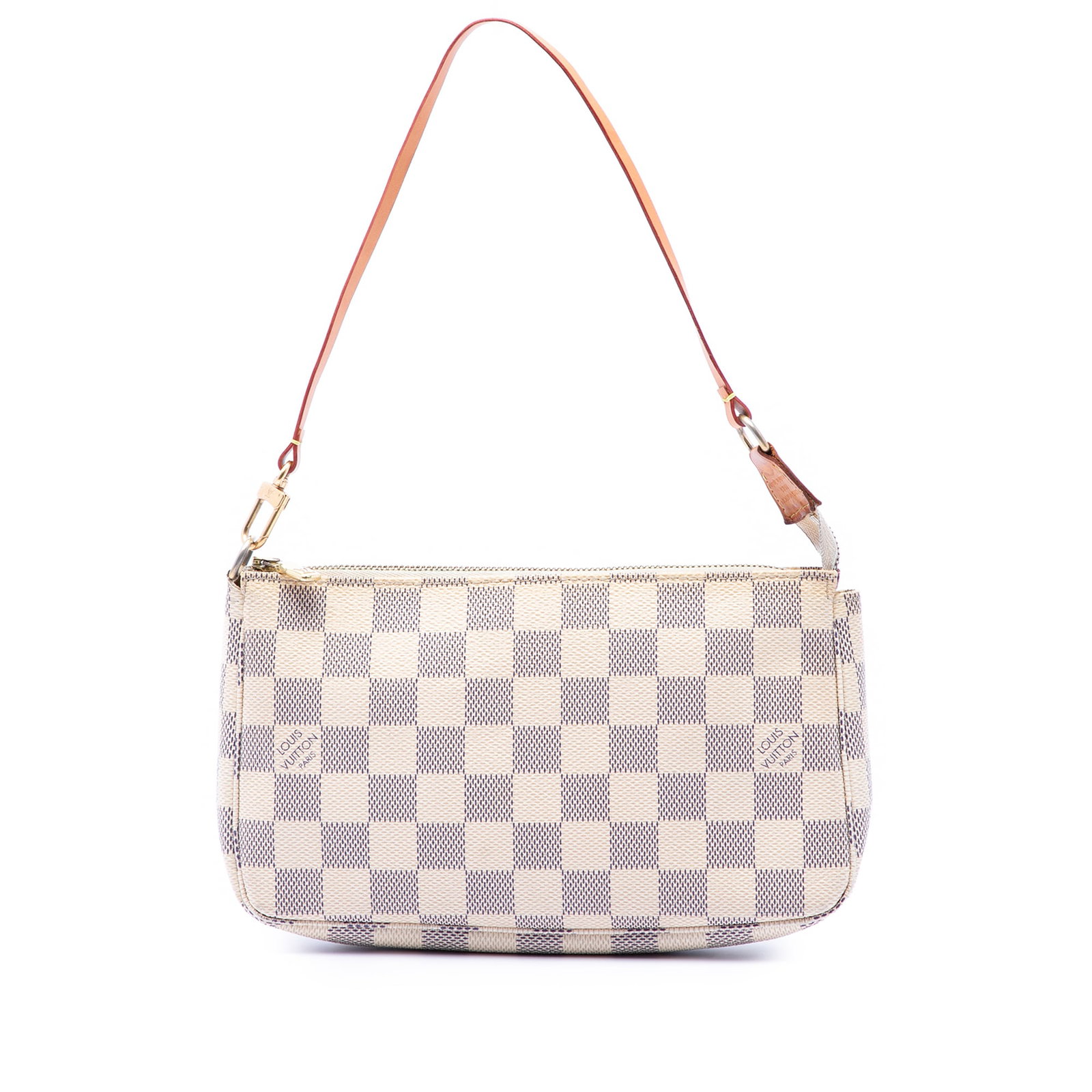 Louis Vuitton Damier Azur Pochette Accessoires Bag: Louis Vuitton Damier Azur Pochette Accessoires Bag Louis Vuitton Damier Azur Pochette Accessoires in white fabric with a flat vachetta leather strap and top zip closure. Made in Spain. Condition is B+