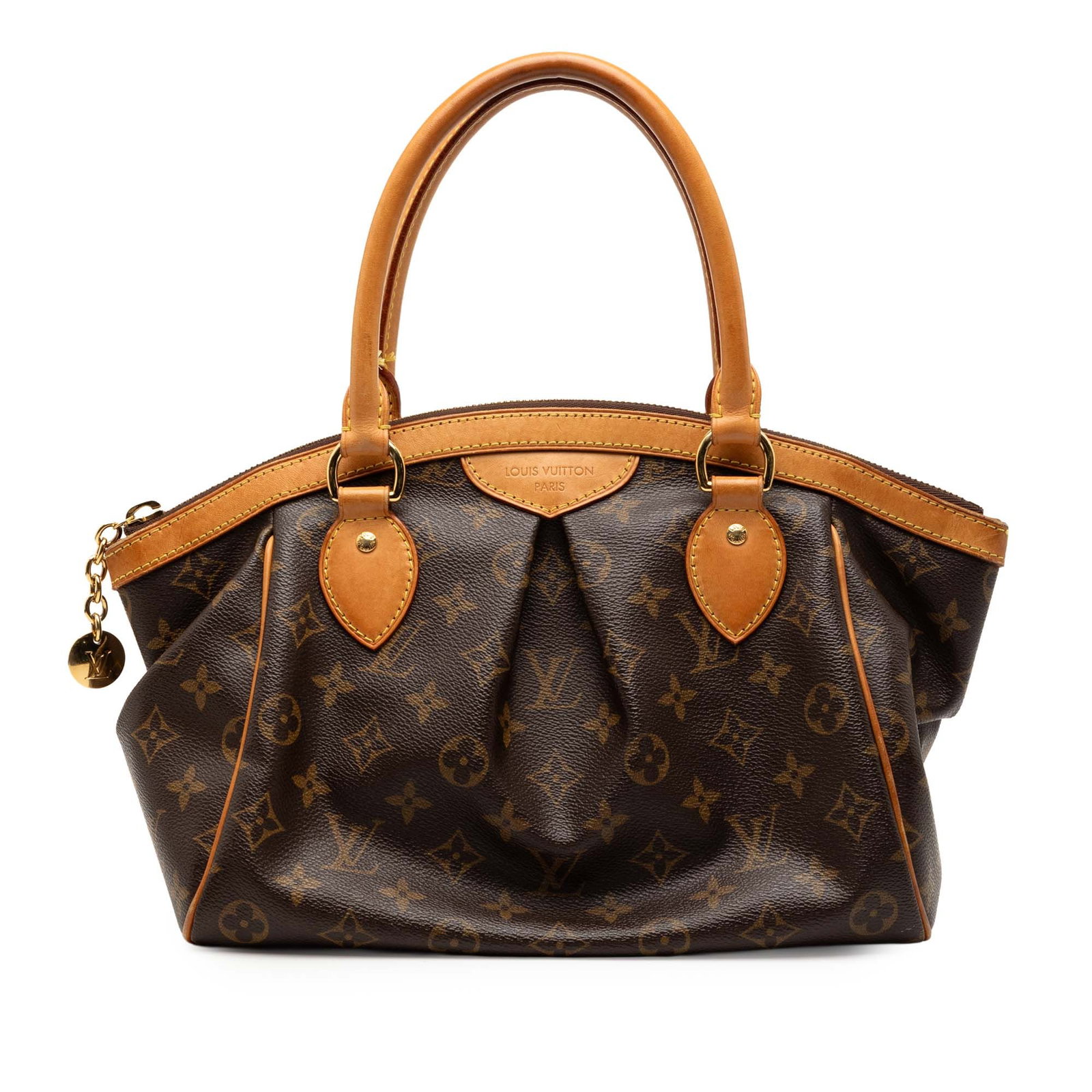Louis Vuitton Tivoli PM Monogram Canvas Handbag with Vachetta Leather Trim: Louis Vuitton Tivoli PM Monogram Canvas Handbag with Vachetta Leather Trim The Louis Vuitton Monogram Tivoli PM features a brown monogram canvas body with vachetta leather trim and rolled vachetta lea