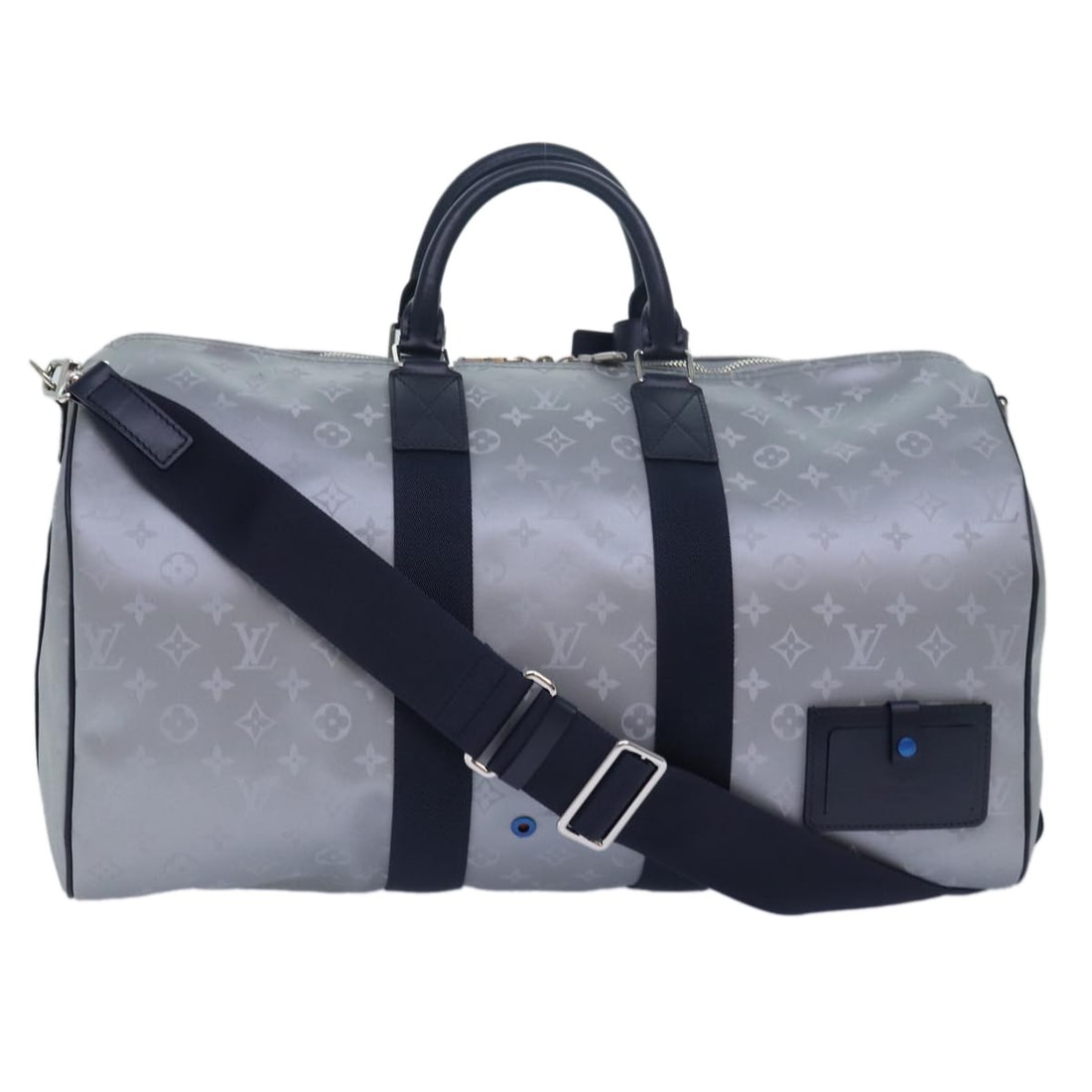 Louis Vuitton M44170 Monogram Canvas Boston Bag with Strap: Louis Vuitton M44170 Monogram Canvas Boston Bag with Strap This Louis Vuitton Monogram Satellite Keepall Bandouliere 50 is a Boston bag made in France from Monogram Canvas in silver. It comes with a s