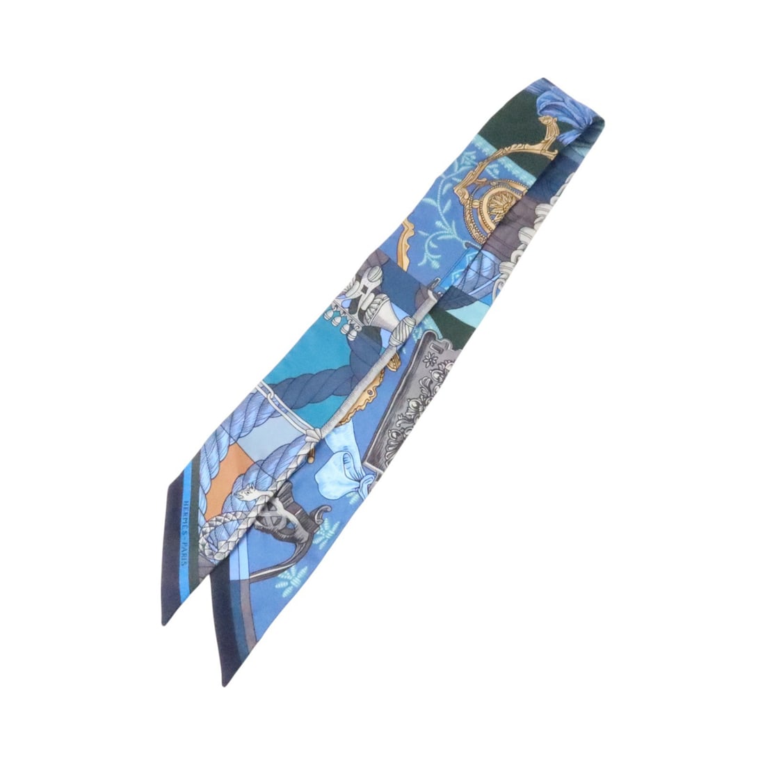 Hermes Women Silk Scarf Blue Gray Multicolor with Box: Hermes Women Silk Scarf Blue Gray Multicolor with Box Hermes women's silk scarf in a blue, grey, and multicolor design. This piece is made in France and includes a storage box. Condition is AB: Very G