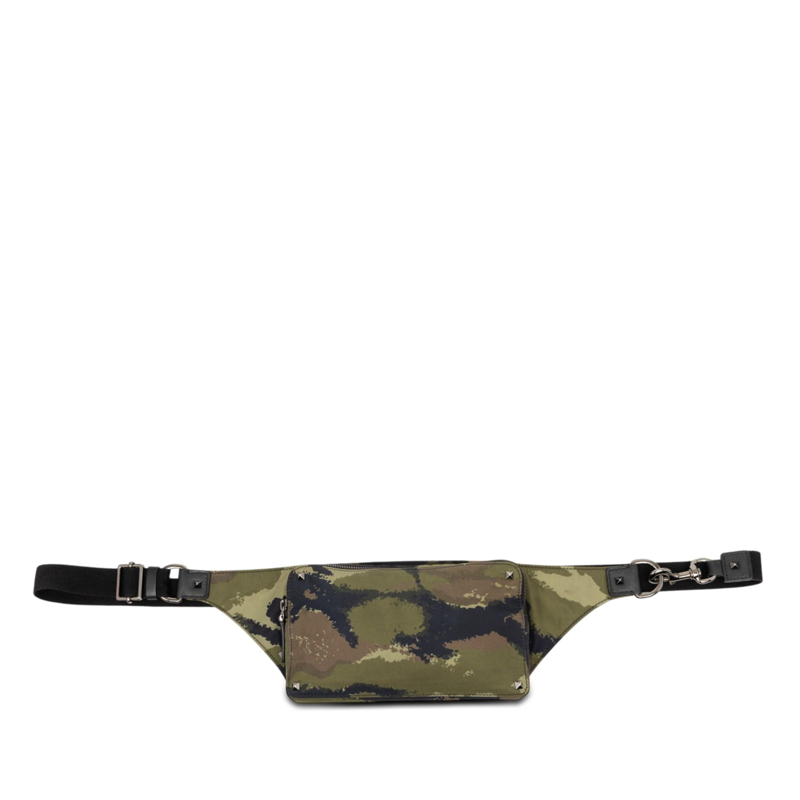 Valentino Rockstud Camouflage Nylon Waist Bag: Valentino Rockstud Camouflage Nylon Waist Bag Valentino Nylon Rockstud Camouflage Belt Bag in green, made in Italy. It features a printed nylon body, a flat waist strap, and a top zip closure. The bag