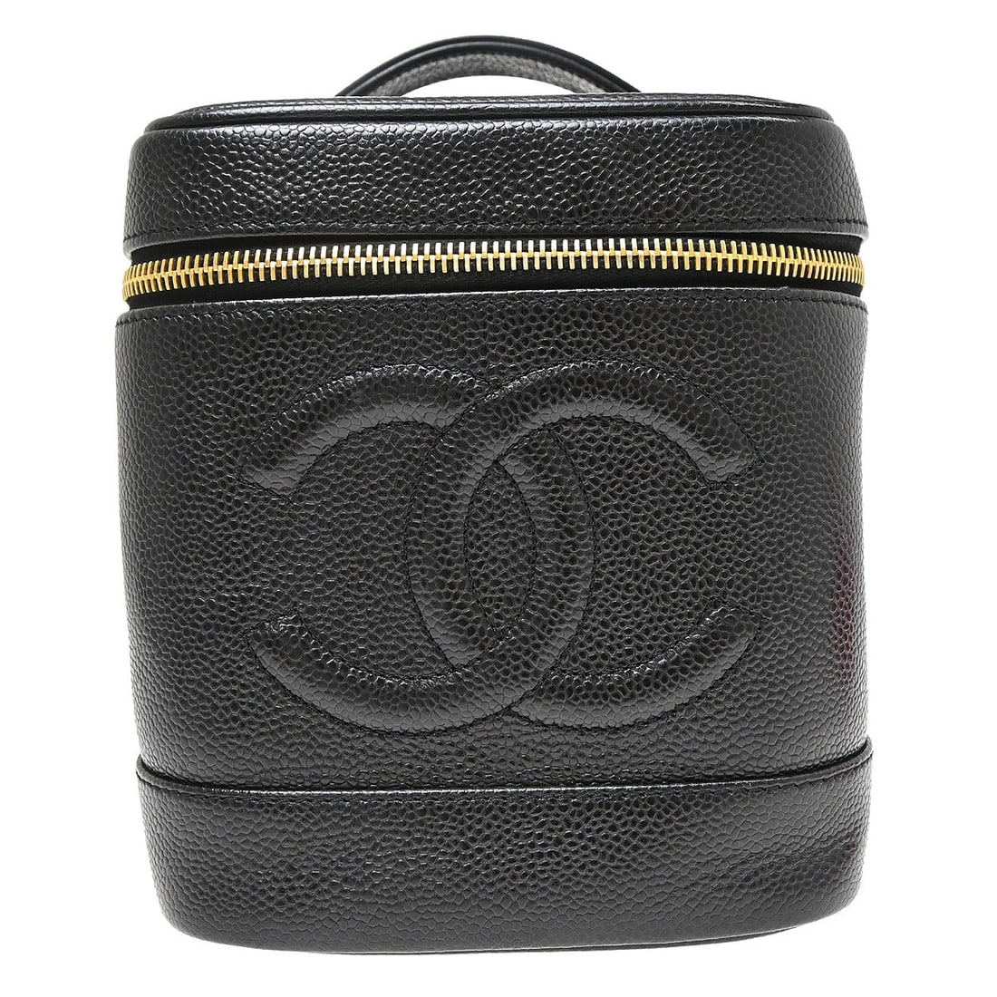 CHANEL CC Cosmetic Vanity Bag Black Caviar Leather Top Handle: CHANEL CC Cosmetic Vanity Bag Black Caviar Leather Top Handle Chanel Timeless vanity handbag in black caviar skin leather with a top handle, zip closure, leather lining, and one interior pocket. This 