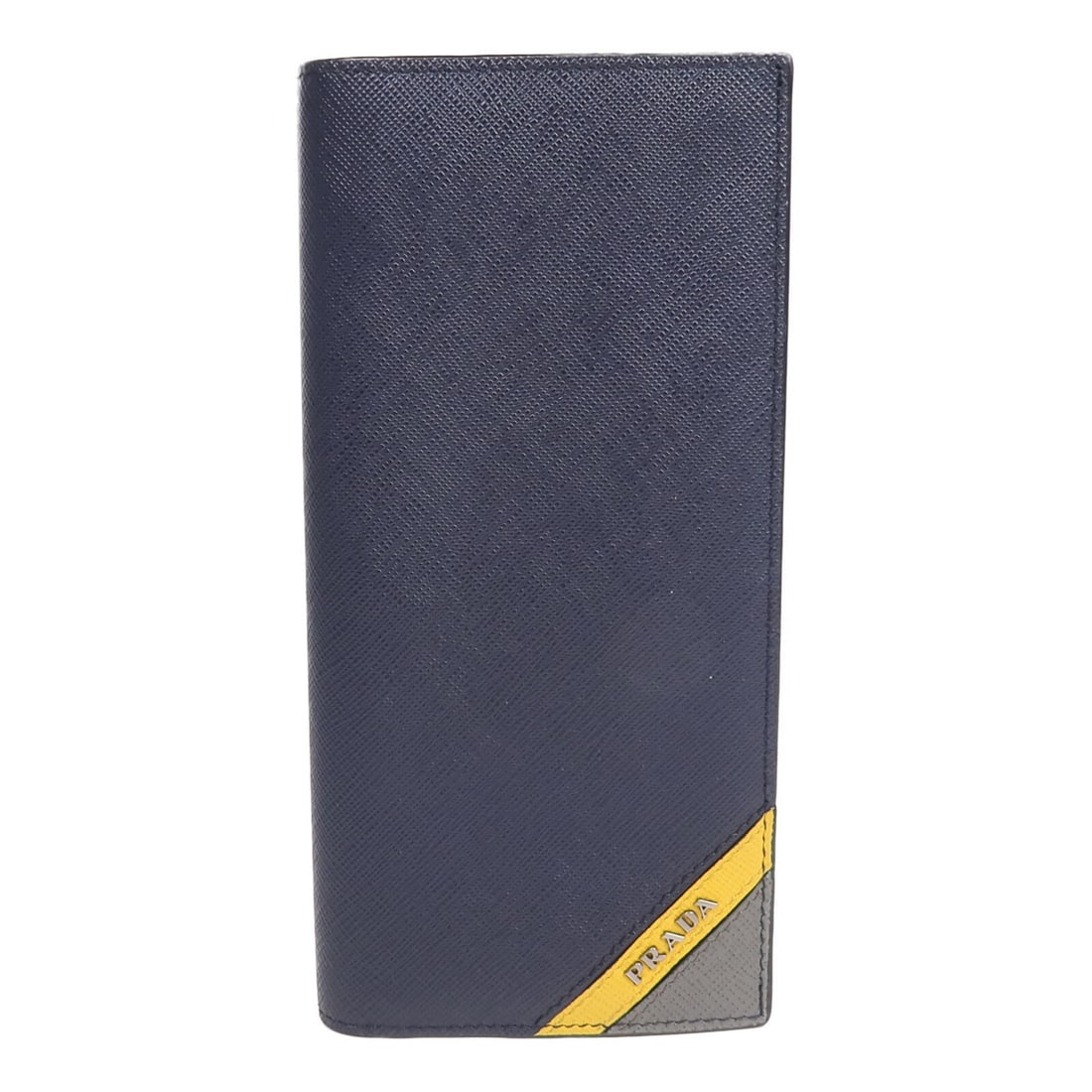 PRADA 2MV836 Saffiano bifold long wallet navy yellow gray: PRADA 2MV836 Saffiano bifold long wallet navy yellow gray Prada long bifold wallet in navy Saffiano leather with yellow and gray accents. This men's wallet features a structured bifold design with mul