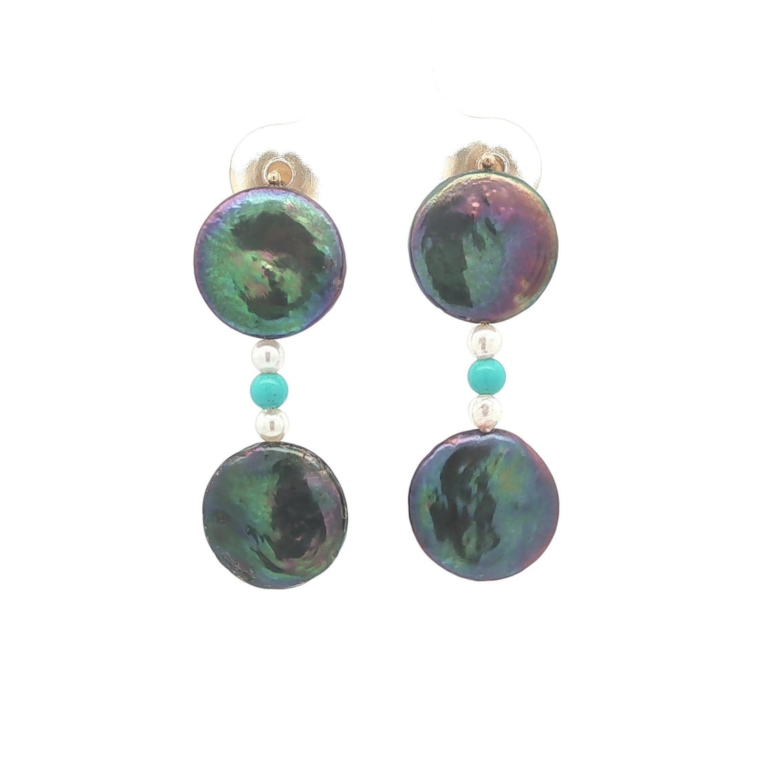 Unbranded 14k Yellow Gold Dangle Earrings Gray Coin Pearl Turquoise: Unbranded 14k Yellow Gold Dangle Earrings Gray Coin Pearl Turquoise Elegant dangle/drop earrings featuring purplish gray cultured coin pearls accented by white cultured pearls and natural turquoise be