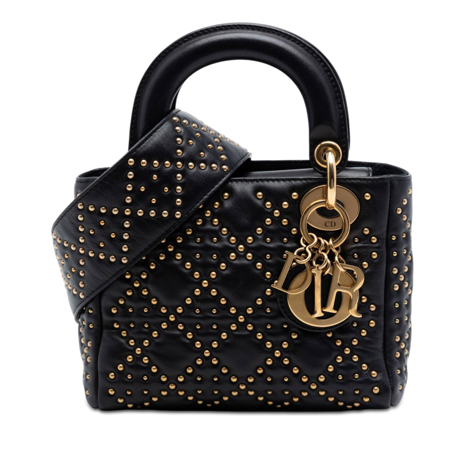 Dior Lady Dior Mini Studded Cannage Lambskin Satchel Black: Dior Lady Dior Mini Studded Cannage Lambskin Satchel Black This Mini Lady Dior satchel features a studded lambskin leather body with the signature Cannage design, flat handles, a detachable flat studd