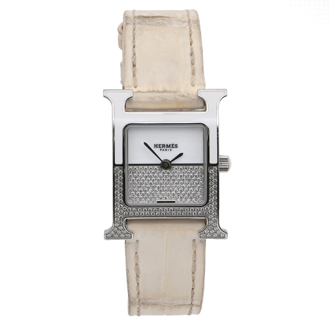 Hermes Heure H Quartz Diamond Dial Steel Ladies Watch HH1.234: Hermes Heure H Quartz Diamond Dial Steel Ladies Watch HH1.234 This Hermes Heure H ladies' wristwatch features a polished stainless steel square case with a diamond-accented fixed bezel and a white dia