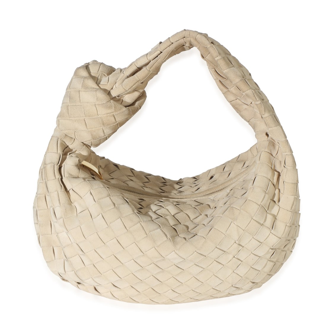 Bottega Veneta Teen Jodie Beige Suede Top Handle Bag: Bottega Veneta Teen Jodie Beige Suede Top Handle Bag Pre-owned Bottega Veneta Teen Jodie handbag in beige suede with the brand's Intrecciato design. This unisex top-handle style features a zip-top clo