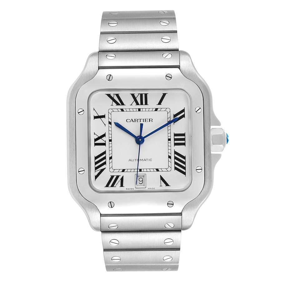 Cartier Santos mens watch ref 4075 WSSA0010 silver Roman dial card: Cartier Santos mens watch ref 4075 WSSA0010 silver Roman dial card Cartier Santos wristwatch featuring a silver Roman dial, a fixed bezel, and a stainless steel bracelet. Includes card. Specifications