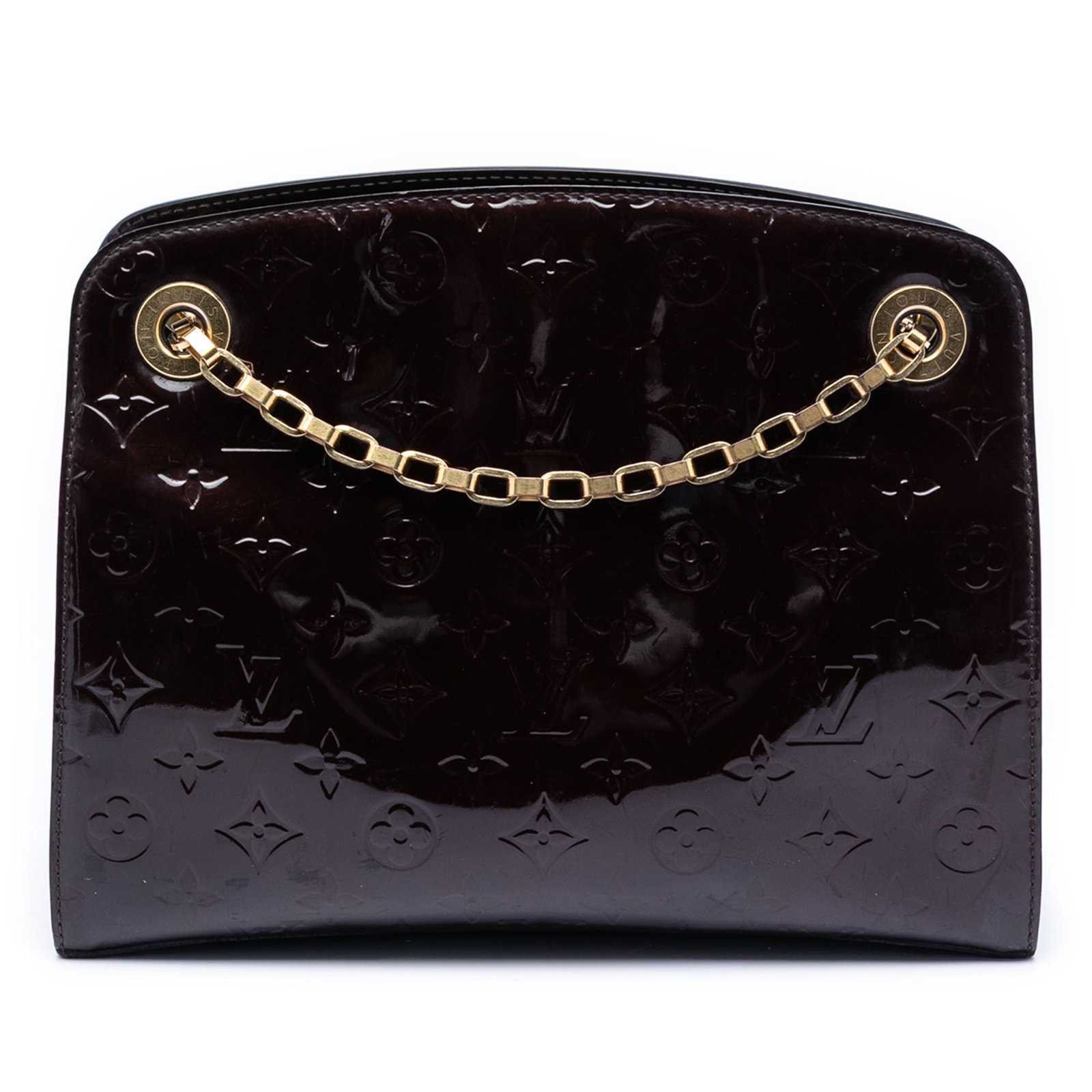 Louis Vuitton Virginia PM Monogram Vernis Purple Leather Shoulder Bag: Louis Vuitton Virginia PM Monogram Vernis Purple Leather Shoulder Bag The Louis Vuitton Monogram Vernis Virginia PM features a purple monogram vernis leather body with chain link straps, a zip compart