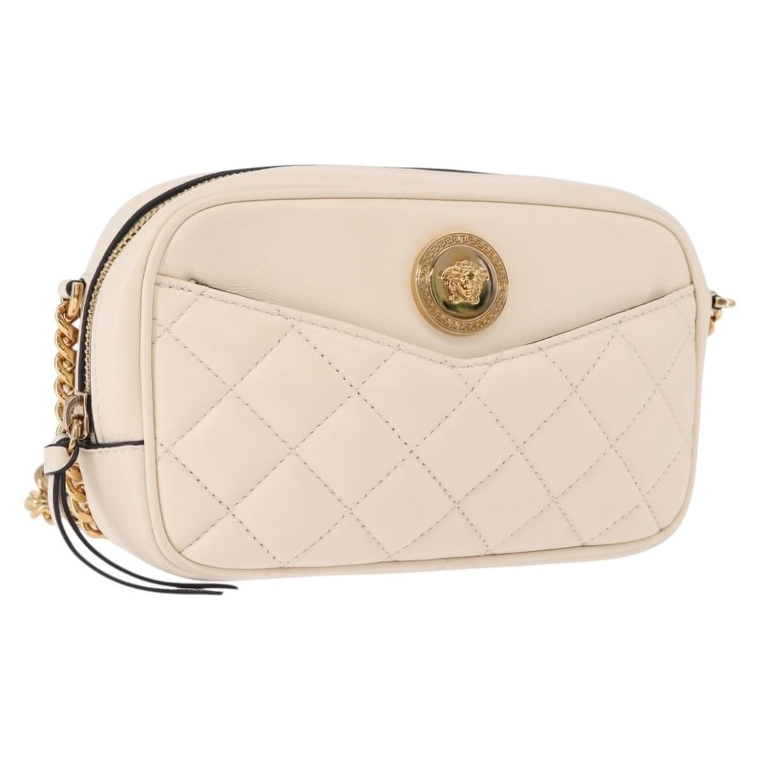 Versace Leather Shoulder Bag Ivory with Gold Tone Chain Made in Italy: Versace Leather Shoulder Bag Ivory with Gold Tone Chain Made in Italy Versace chain shoulder bag in ivory leather with gold-tone accents. Made in Italy, this women's shoulder bag features a compact si