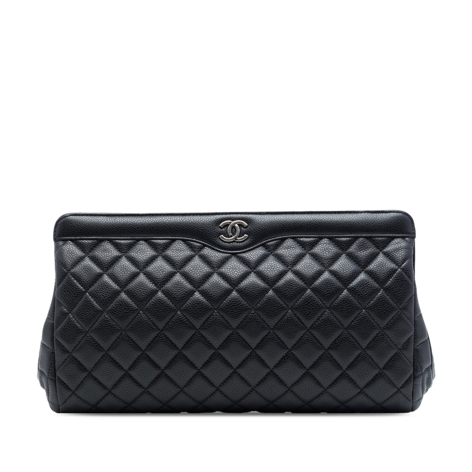Chanel Large CC Frame Clutch Black Quilted Caviar Leather: Chanel Large CC Frame Clutch Black Quilted Caviar Leather Large Chanel CC quilted caviar frame clutch in black leather with an open top and magnetic snap closures. The interior includes a zip pocket. 