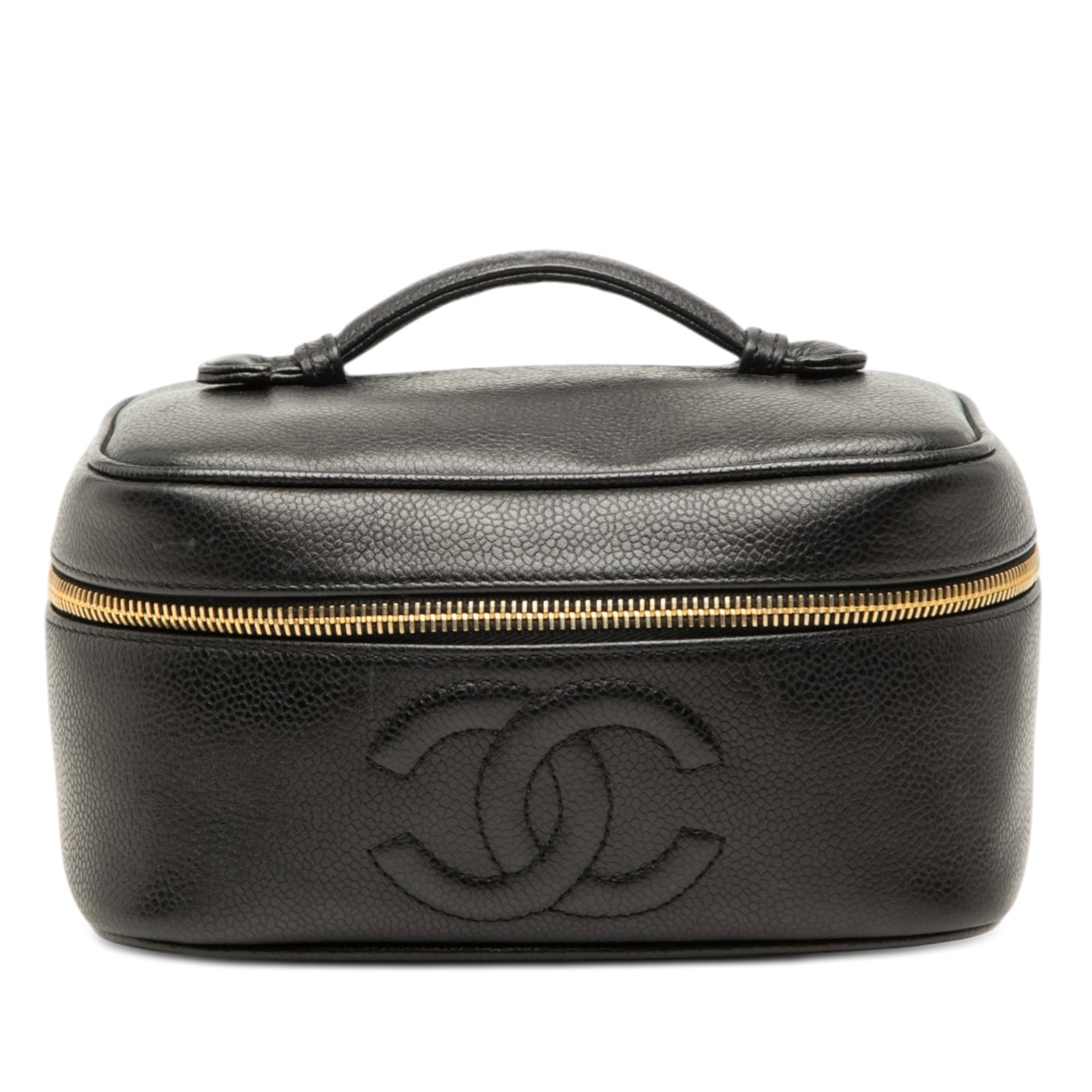 Chanel CC Vanity Case in Black Caviar Leather: Chanel CC Vanity Case in Black Caviar Leather Chanel CC Caviar Vanity Case in black caviar leather with a flat top handle and zip-around closure. Made in Italy. Condition is B+ with visible wear and u