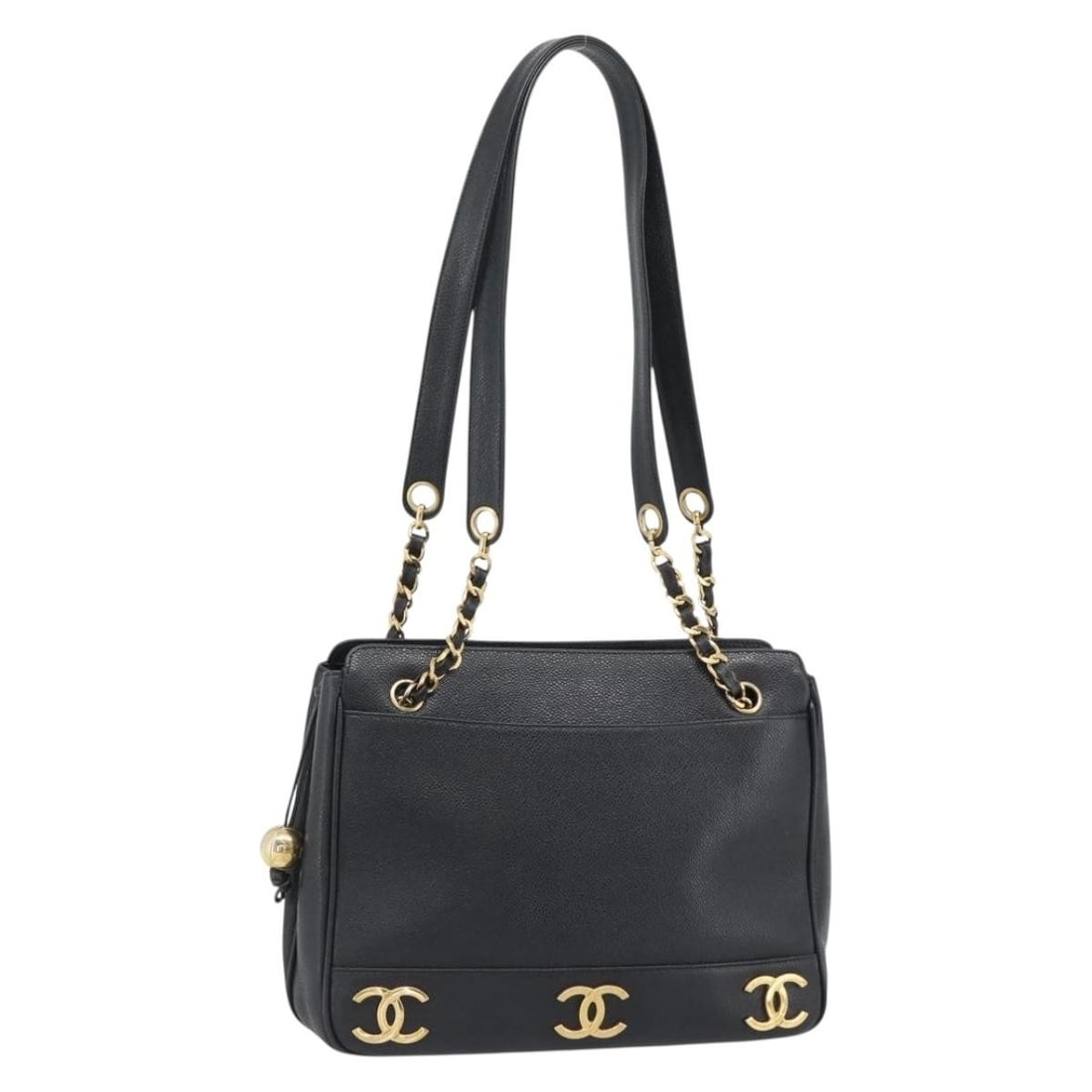 CHANEL CC Chain Shoulder Bag Black Caviar Leather Gold Tone: CHANEL CC Chain Shoulder Bag Black Caviar Leather Gold Tone CHANEL Triple Coco Chain Shoulder Bag in black/gold with grained calf skin and leather exterior. Made in Italy, this women's shoulder bag me