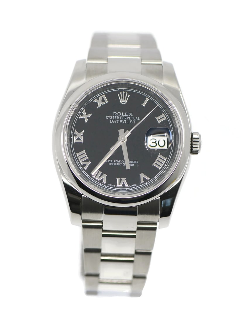Rolex Datejust 116200 Black Dial Stainless Steel 36mm Automatic Wristwatch with Box: Rolex Datejust 116200 Black Dial Stainless Steel 36mm Automatic Wristwatch with Box This pre-owned Rolex Datejust wristwatch features a stainless steel case and band, with a 36 mm case size. The watch