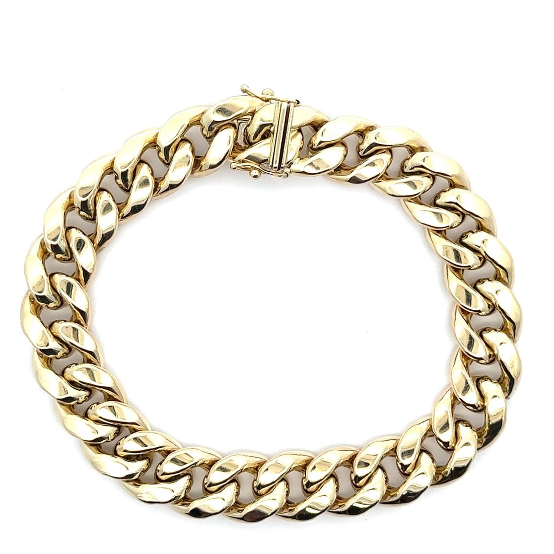 Men's 10k Yellow Gold 12.8mm Puffed Miami Cuban Chain Bracelet: Men's 10k Yellow Gold 12.8mm Puffed Miami Cuban Chain Bracelet This stunning Men's bracelet features a luxurious 12.8mm wide puffed Miami Cuban curb link design crafted from solid 10k yellow gold. Wei