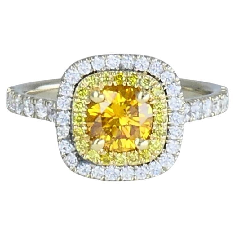 GIA Fancy Deep Yellow Orange Diamond Double Halo Ring 14k White Gold: GIA Fancy Deep Yellow Orange Diamond Double Halo Ring 14k White Gold A modern 14k white gold ring featuring a natural round brilliant cut fancy deep yellow-orange diamond at the center, surrounded by 