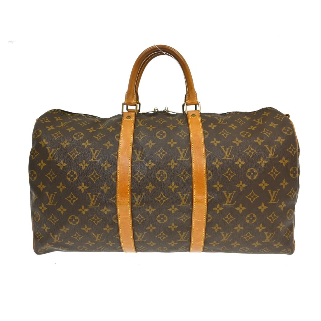Louis Vuitton Keepall 50 Bandouliere Monogram Travel Bag M41416: Louis Vuitton Keepall 50 Bandouliere Monogram Travel Bag M41416 Vintage Louis Vuitton Keepall 50 Bandouliere travel handbag in brown Monogram canvas with leather handles and trim. This large unisex ba