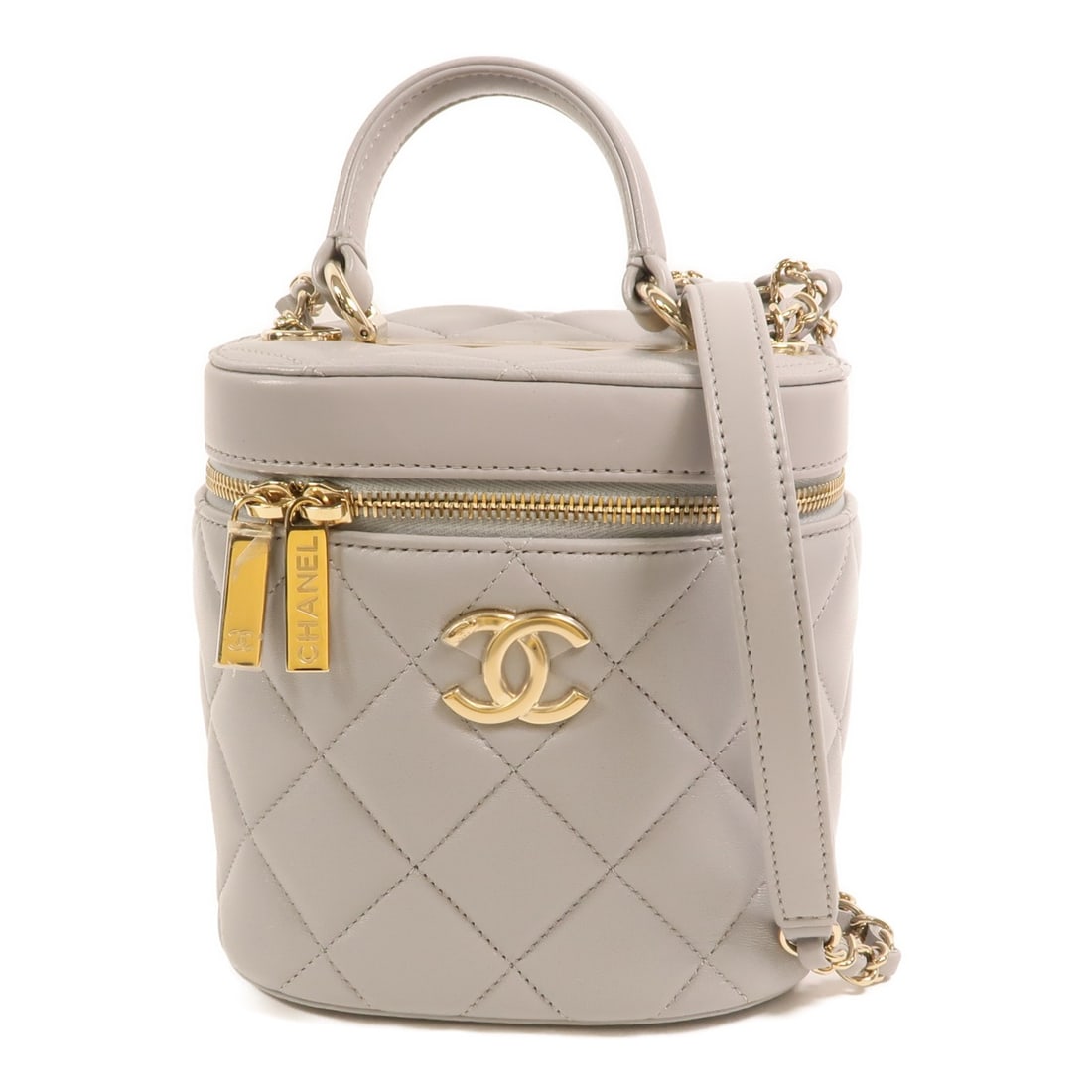 CHANEL Trendy CC Vanity Case Lambskin 2 Way Shoulder Bag Gray: CHANEL Trendy CC Vanity Case Lambskin 2 Way Shoulder Bag Gray A Chanel Trendy CC vanity case 2-way shoulder bag in gray lambskin leather. It features a shoulder strap, a top handle, a fastener closure