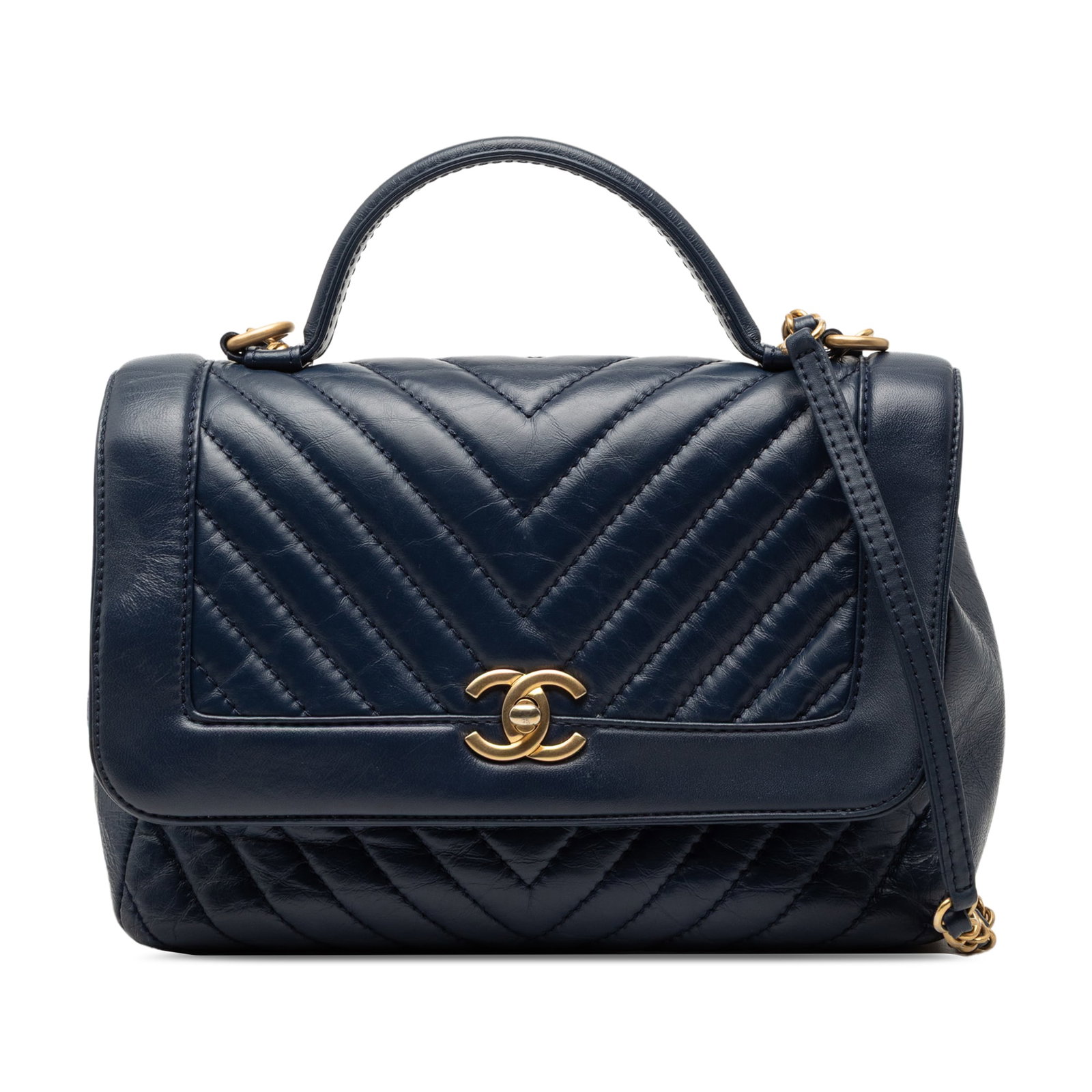 Chanel Chevron Quilted Blue Leather Top Handle Satchel with CC Turn Lock: Chanel Chevron Quilted Blue Leather Top Handle Satchel with CC Turn Lock This Chanel CC Chevron Aged Calfskin Top Handle Flap bag features a quilted blue leather body with a chevron pattern, a flat to