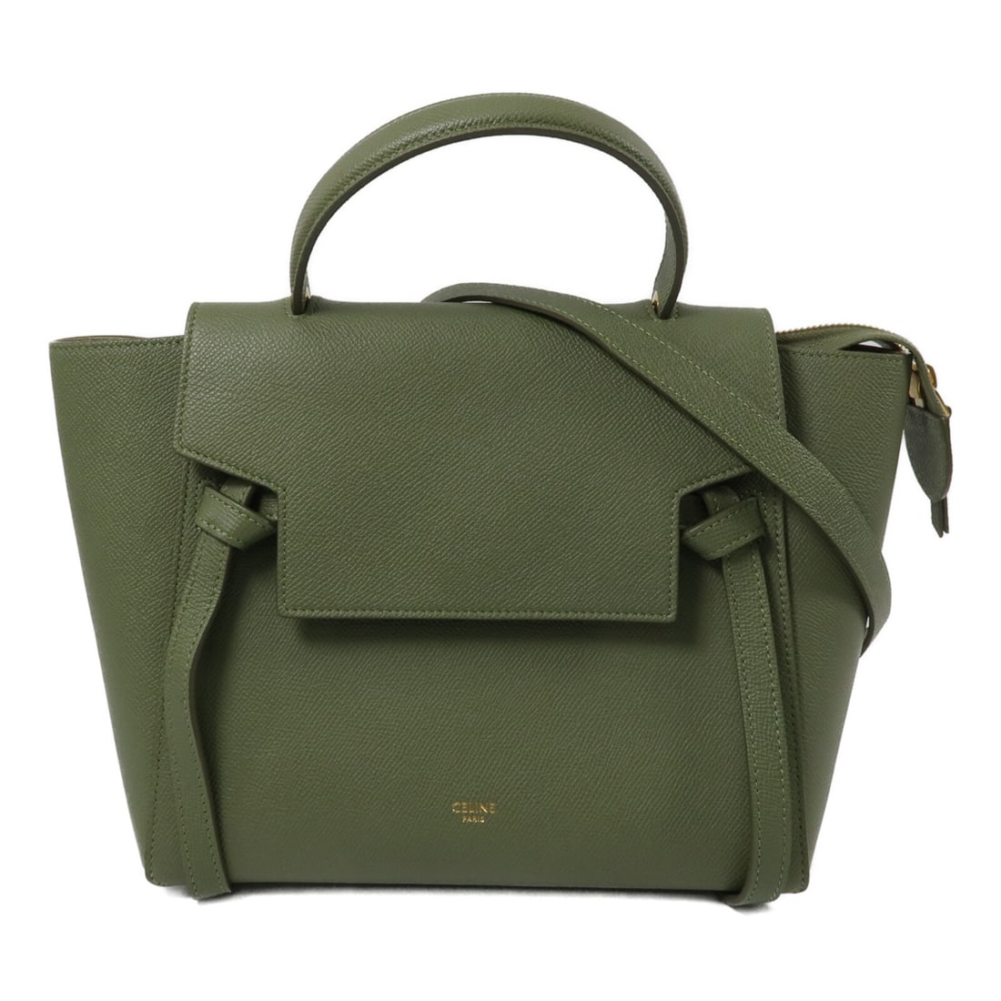 CELINE Micro Belt Bag Green Calfskin 2Way Shoulder S-MP-4129: CELINE Micro Belt Bag Green Calfskin 2Way Shoulder S-MP-4129 Celine Micro Belt Bag in green calfskin leather with a 2-way shoulder bag design. This women's bag includes a shoulder strap and storage ba
