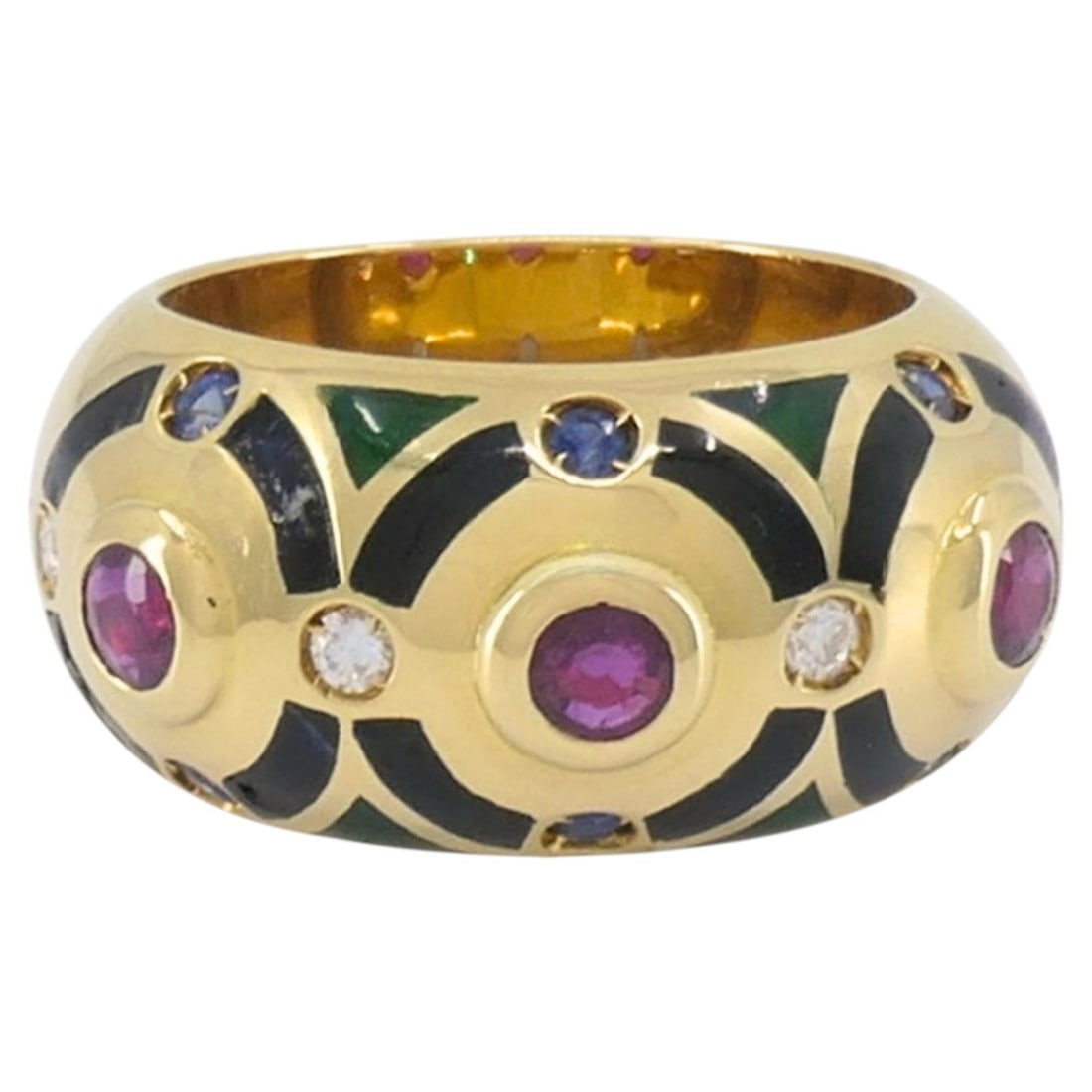 Cartier 18k Gold Dome Ring with Ruby Sapphire Diamond Enamel 5.75: Cartier 18k Gold Dome Ring with Ruby Sapphire Diamond Enamel 5.75 Vintage Cartier dome band ring crafted in 18k yellow gold with enamel accents and set with round-cut diamonds, rubies, and sapphires. 