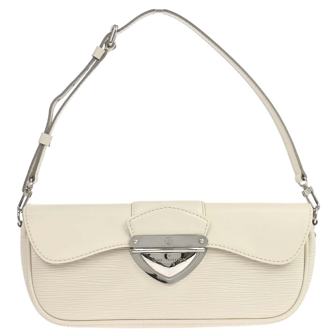 Louis Vuitton Pochette Montaigne White Epi Leather Shoulder Bag M5929J: Louis Vuitton Pochette Montaigne White Epi Leather Shoulder Bag M5929J Louis Vuitton Pochette Montaigne handbag in white Epi leather with leather handle/strap and logo accent. It features a medium siz