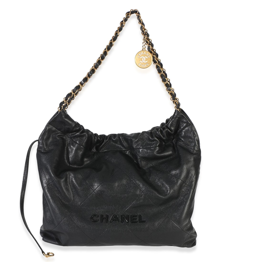 Chanel 22 Hobo Small Black Caviar Leather Handbag: Chanel 22 Hobo Small Black Caviar Leather Handbag Pre-owned Chanel 22 Hobo handbag in black quilted caviar leather with a drawstring closure and black fabric lining. This small unisex hobo style comes