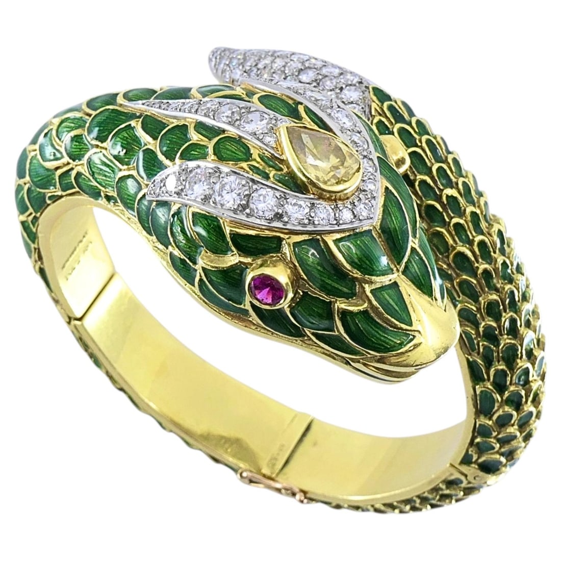 Snake bangle bracelet in 18k gold platinum enamel with diamond ruby yellow sapphire: Snake bangle bracelet in 18k gold platinum enamel with diamond ruby yellow sapphire Vintage snake bangle bracelet crafted in 18k gold with platinum accents and green enamel, set with diamonds, yellow 