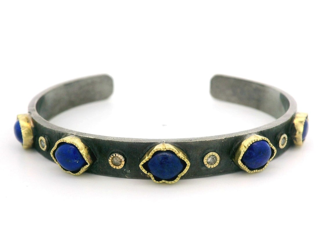 Sterling Silver 18k Gold Open Cuff Bracelet with Lapis and Diamonds (1 of 6)