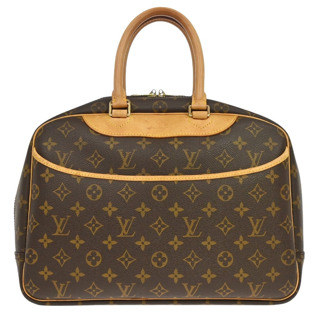 Louis Vuitton Deauville Vanity Monogram Canvas Handbag M47270: Louis Vuitton Deauville Vanity Monogram Canvas Handbag M47270 Vintage Louis Vuitton Deauville bowling business handbag in brown Monogram canvas and leather with double handles and zip closure. The bag