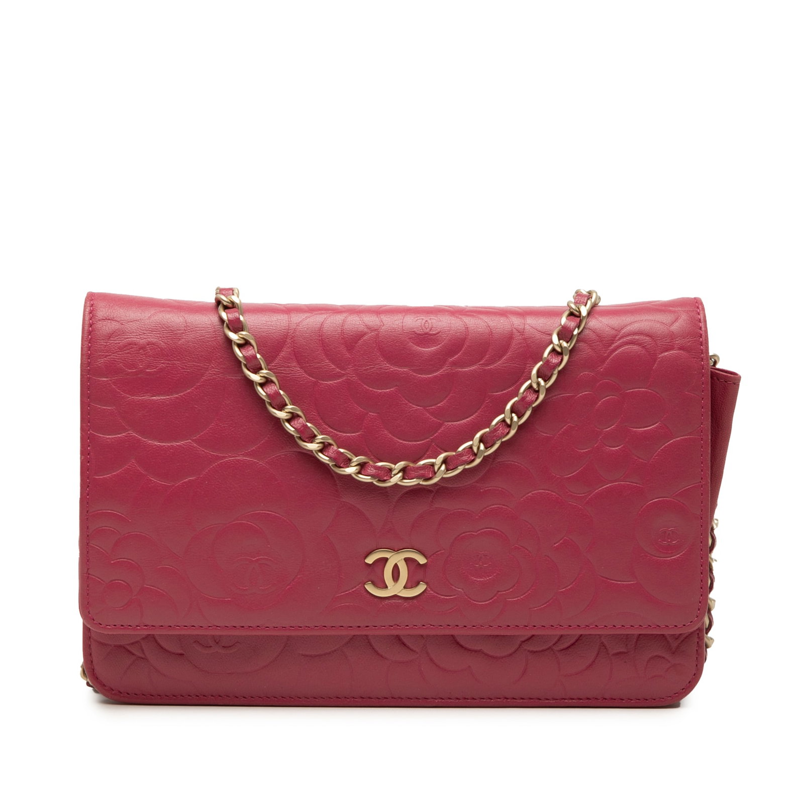 Chanel Camellia CC Wallet on Chain Pink Embossed Lambskin: Chanel Camellia CC Wallet on Chain Pink Embossed Lambskin Chanel CC Embossed Lambskin Camellia Wallet On Chain in pink lambskin leather. This wallet on chain features a leather-woven chain strap, a to