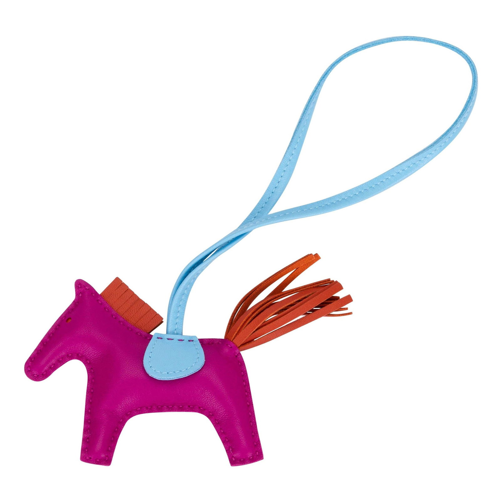 Rose Pourpre Rodeo PM Leather Horse Bag Charm by Hermes with Box: Rose Pourpre Rodeo PM Leather Horse Bag Charm by Hermes with Box This Hermes Rodeo PM bag charm features a horse motif crafted from a combination of rose pourpre, celeste, and rust leather. Made in Fr
