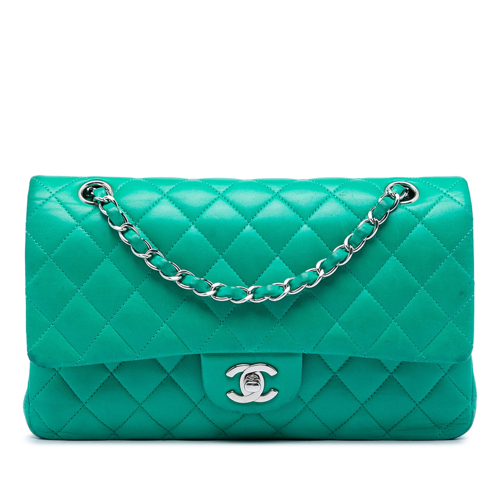 Chanel Medium Classic Double Flap Shoulder Bag Green Lambskin: Chanel Medium Classic Double Flap Shoulder Bag Green Lambskin Chanel Medium Classic Lambskin Double Flap shoulder bag in green quilted lambskin. This bag features leather-woven chain straps, double fr