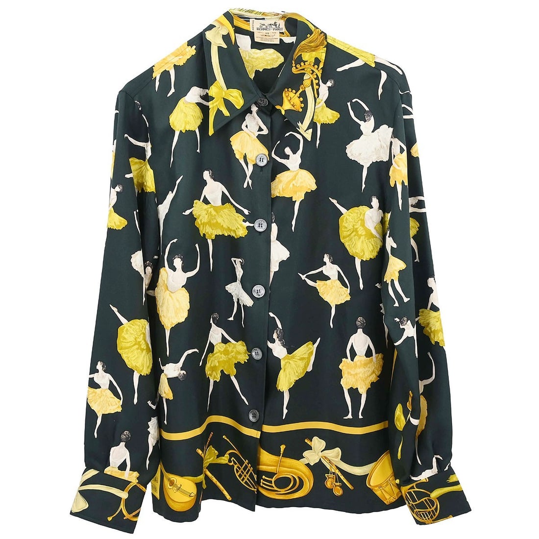 Hermes Vintage Silk Long Sleeve Blouse Womens FR 40 Green: Hermes Vintage Silk Long Sleeve Blouse Womens FR 40 Green Vintage Hermes women's blouse in green silk with a regular fit and long sleeves. This basic casual top is made in France and shows some stains