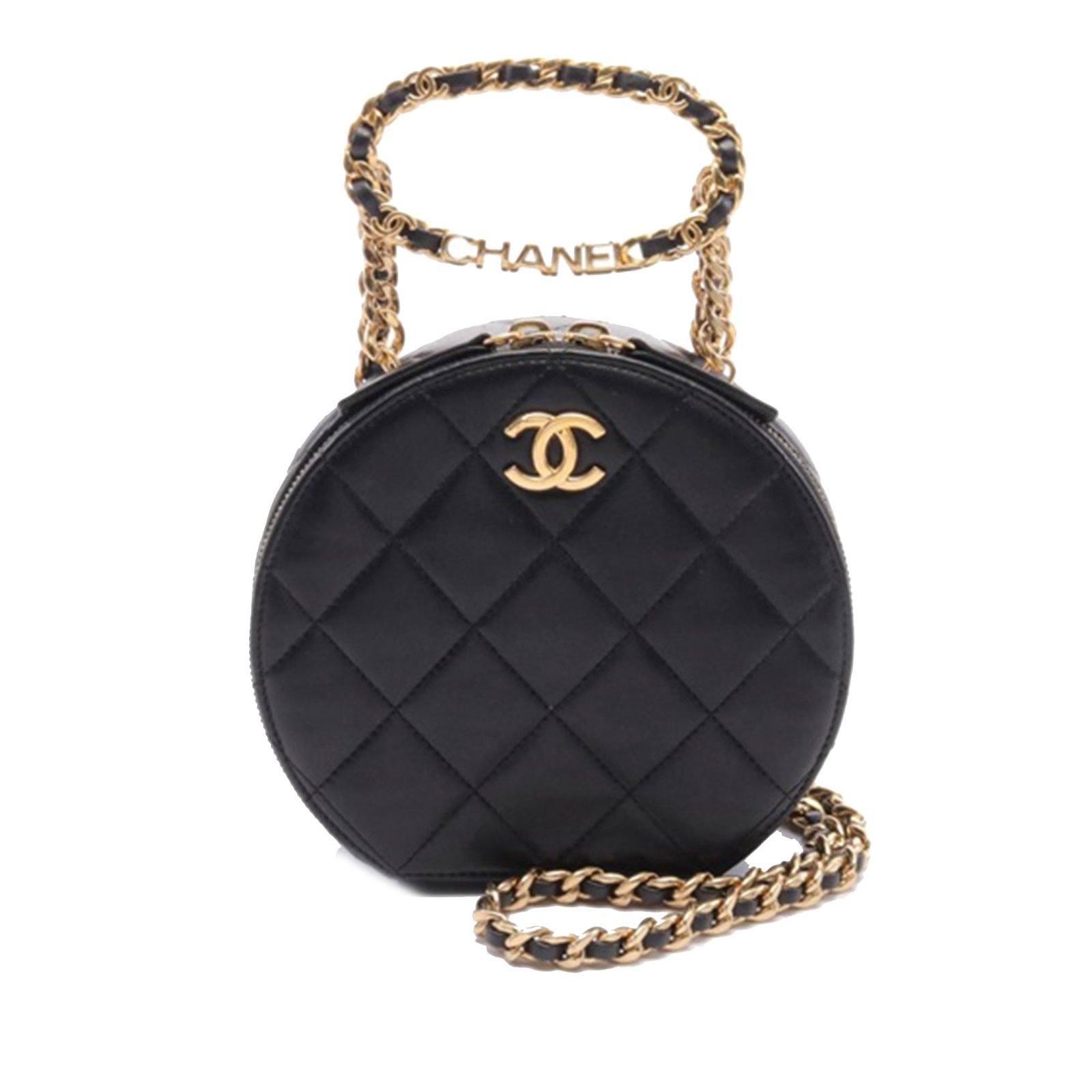 Chanel Black Quilted Lambskin Oval Logo Chain Clutch Bag: Chanel Black Quilted Lambskin Oval Logo Chain Clutch Bag This stylish Chanel clutch is crafted from luxurious quilted lambskin leather and features a unique oval logo chain top handle. The design incl