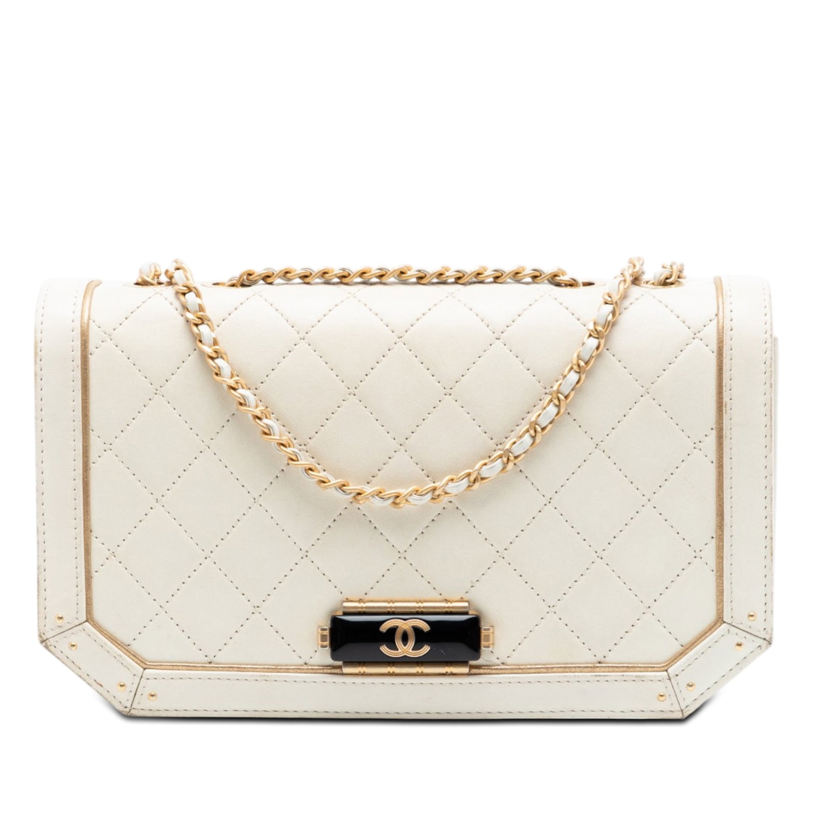Chanel White Quilted Calfskin Flap Bag Octagon CC Clasp: Chanel White Quilted Calfskin Flap Bag Octagon CC Clasp This Chanel Medium Quilted Calfskin Octagon CC Clasp Flap bag features a quilted calf leather body, a leather-woven chain strap with a leather g