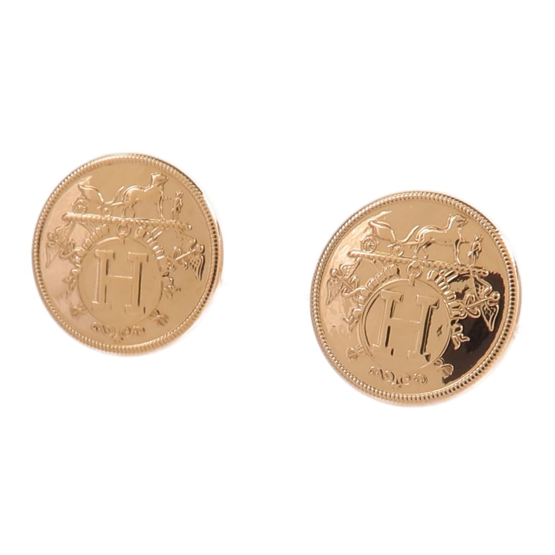 Hermes Ex-Libris 18K Rose Gold Earrings with Box: Hermes Ex-Libris 18K Rose Gold Earrings with Box Hermes Ex-Libris earrings in 18K pink gold, presented in very good AB condition. The earrings are described as gold in color and come with a storage bo