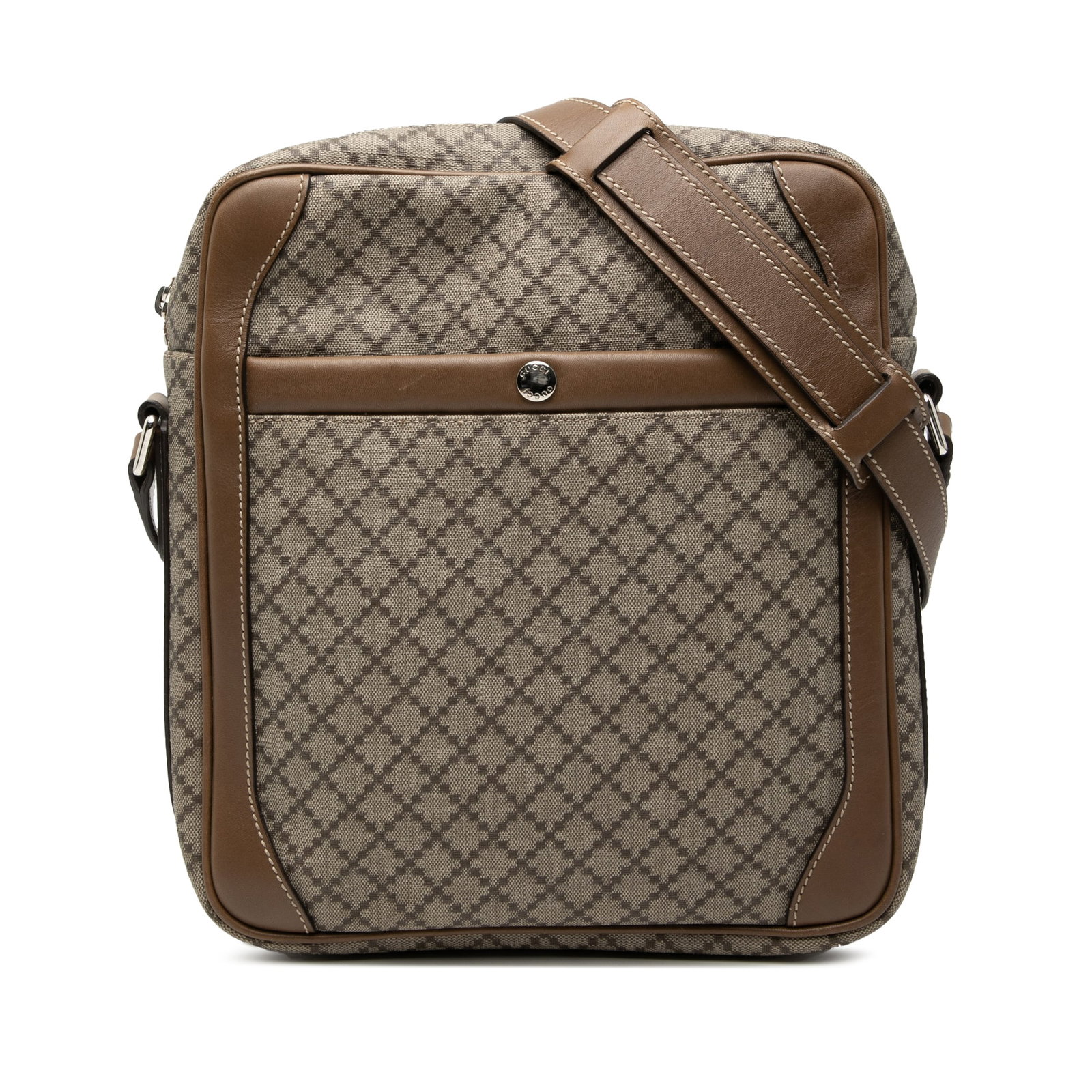 Gucci Diamante Beige Crossbody Bag with Leather Trim and Zip Closure: Gucci Diamante Beige Crossbody Bag with Leather Trim and Zip Closure This Gucci Diamante Coated Canvas Zip Crossbody bag features a beige coated canvas body with leather trim, an adjustable flat leath